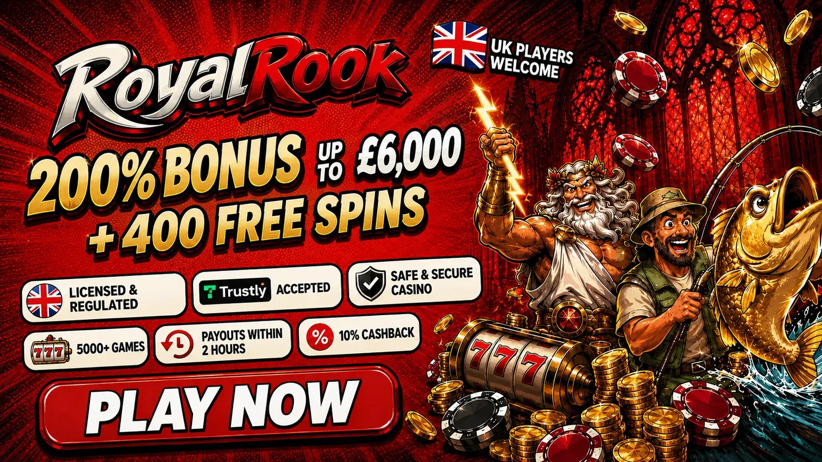 RoyalRook Casino welcome offer — 200% up to £6,000 plus 400 free spins